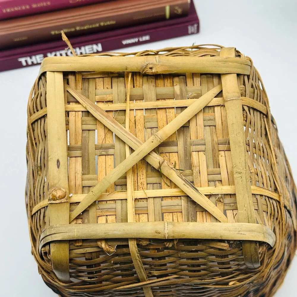 Vintage Bamboo Woven Basket with Handles Square Base Round‎ Top Asian Boho